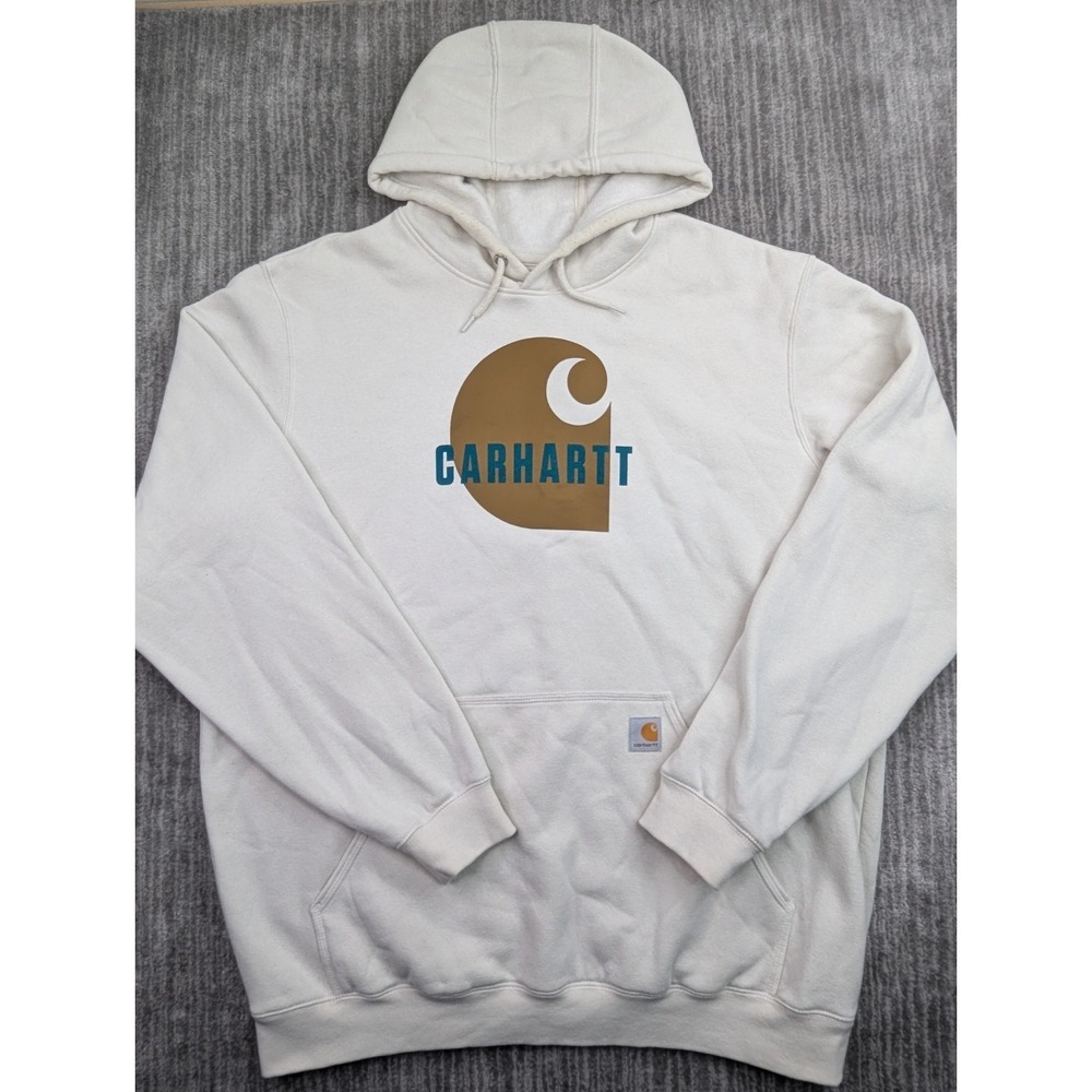 Carhartt Hoodie Mens XLT Sweatshirt Beige Spellout Logo Workwear Pullover